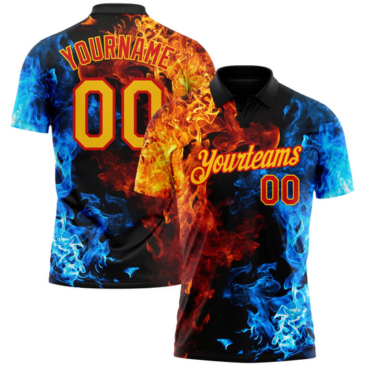 Custom Red Yellow 3D Pattern Design Flame Performance Golf Polo Shirt - Main View