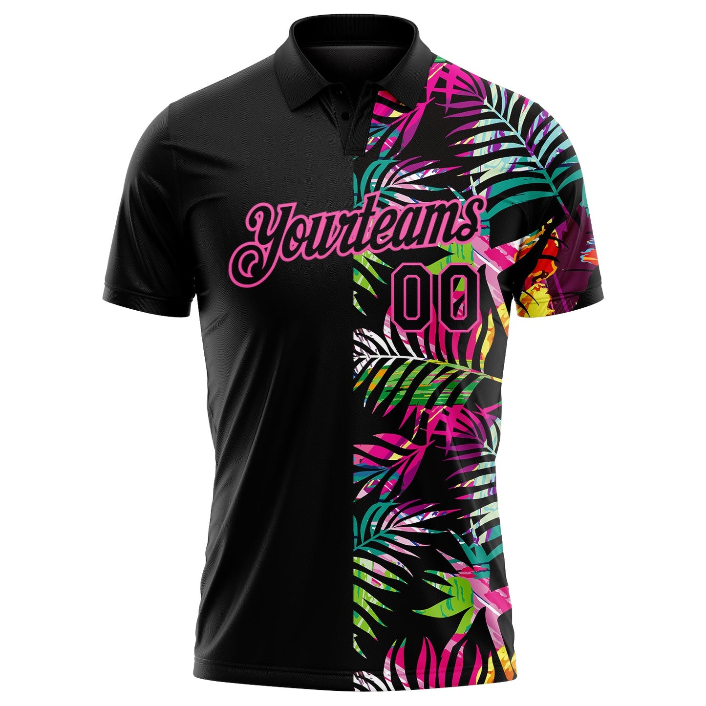 Custom Black Pink 3D Pattern Design Tropical Hawaii Palm Leaves Performance Golf Polo Shirt view 3