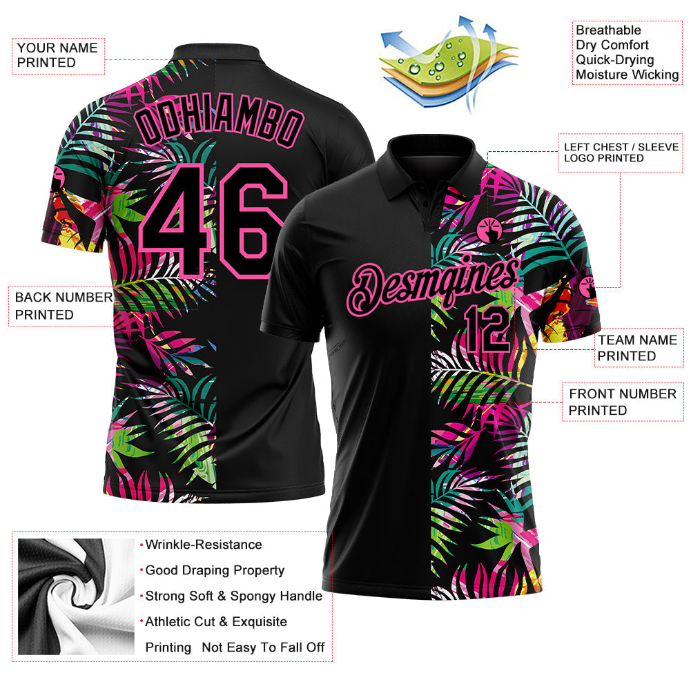 Custom Black Pink 3D Pattern Design Tropical Hawaii Palm Leaves Performance Golf Polo Shirt view 4