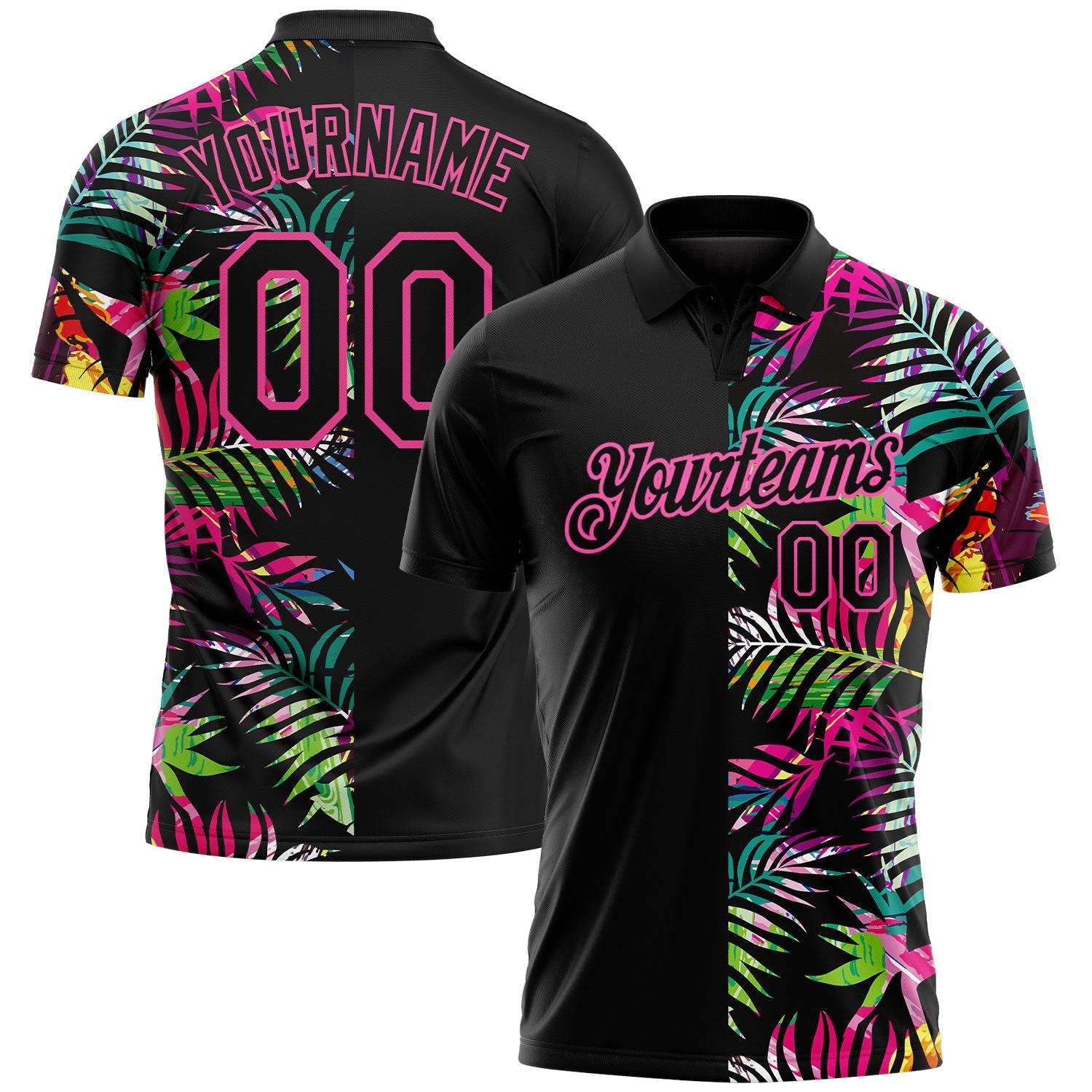 Custom Black Pink 3D Pattern Design Tropical Hawaii Palm Leaves Performance Golf Polo Shirt - Main View