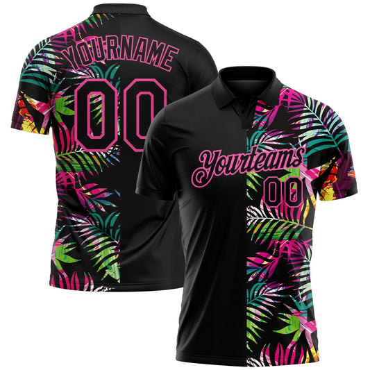 Custom Black Pink 3D Pattern Design Tropical Hawaii Palm Leaves Performance Golf Polo Shirt - Main View