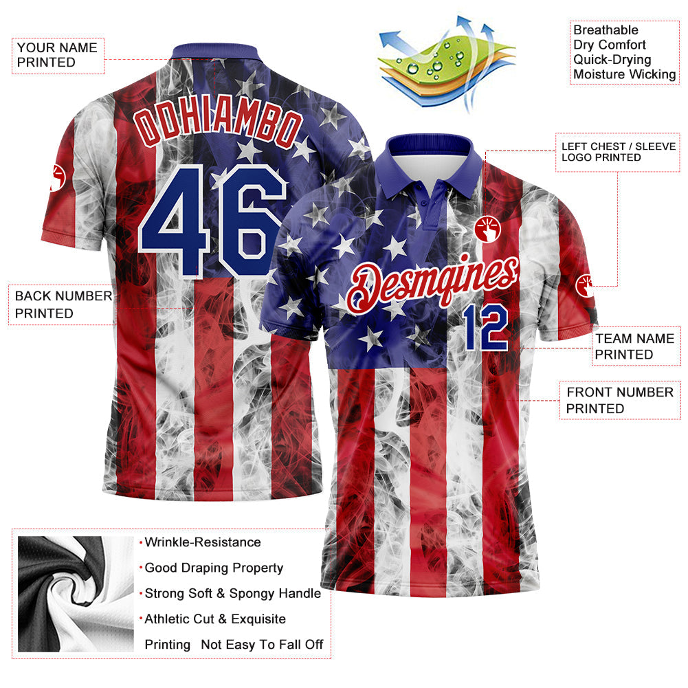 Custom White Royal-Red 3D American Flag Performance Golf Polo Shirt view 3