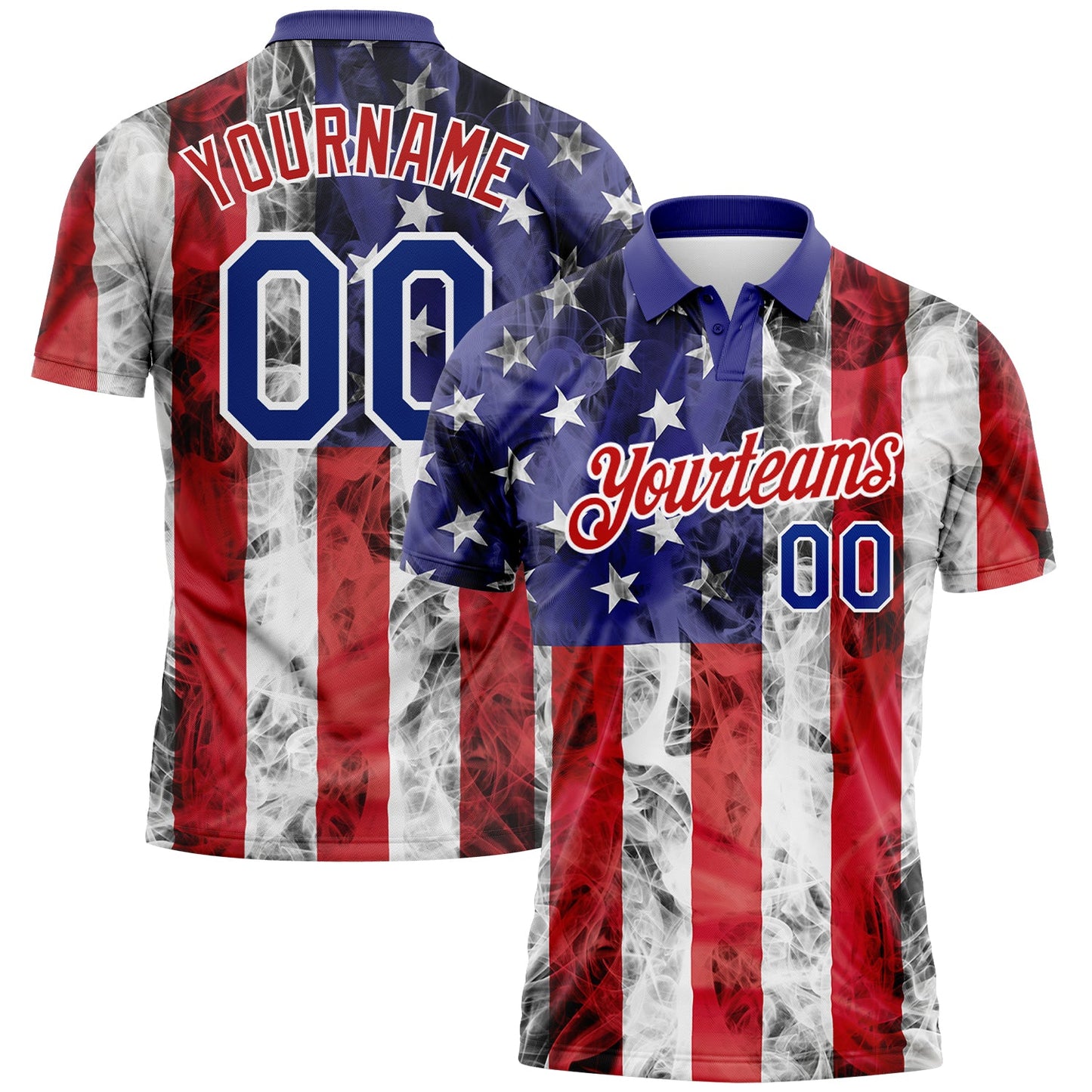 Custom White Royal-Red 3D American Flag Performance Golf Polo Shirt - Main View