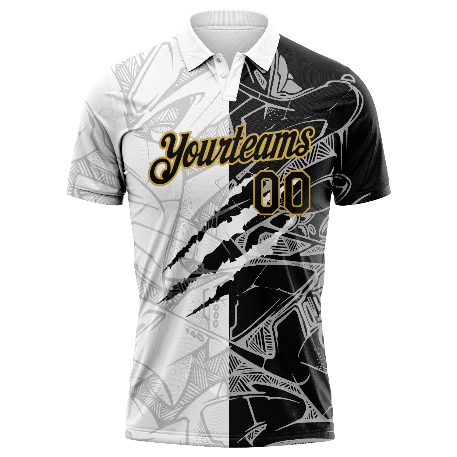 Custom Graffiti Pattern Black-Old Gold 3D Scratch Performance Golf Polo Shirt view 2