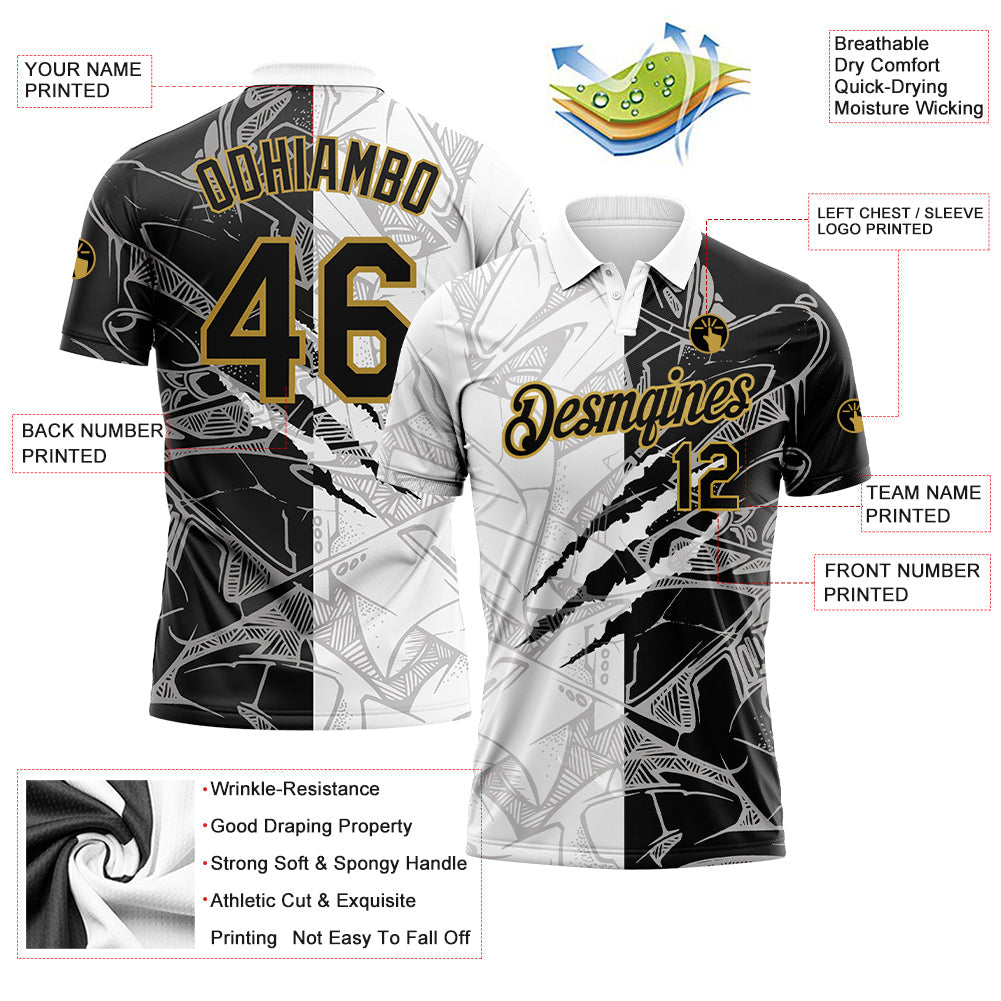 Custom Graffiti Pattern Black-Old Gold 3D Scratch Performance Golf Polo Shirt view 3