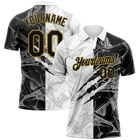 Custom Graffiti Pattern Black-Old Gold 3D Scratch Performance Golf Polo Shirt - Main View