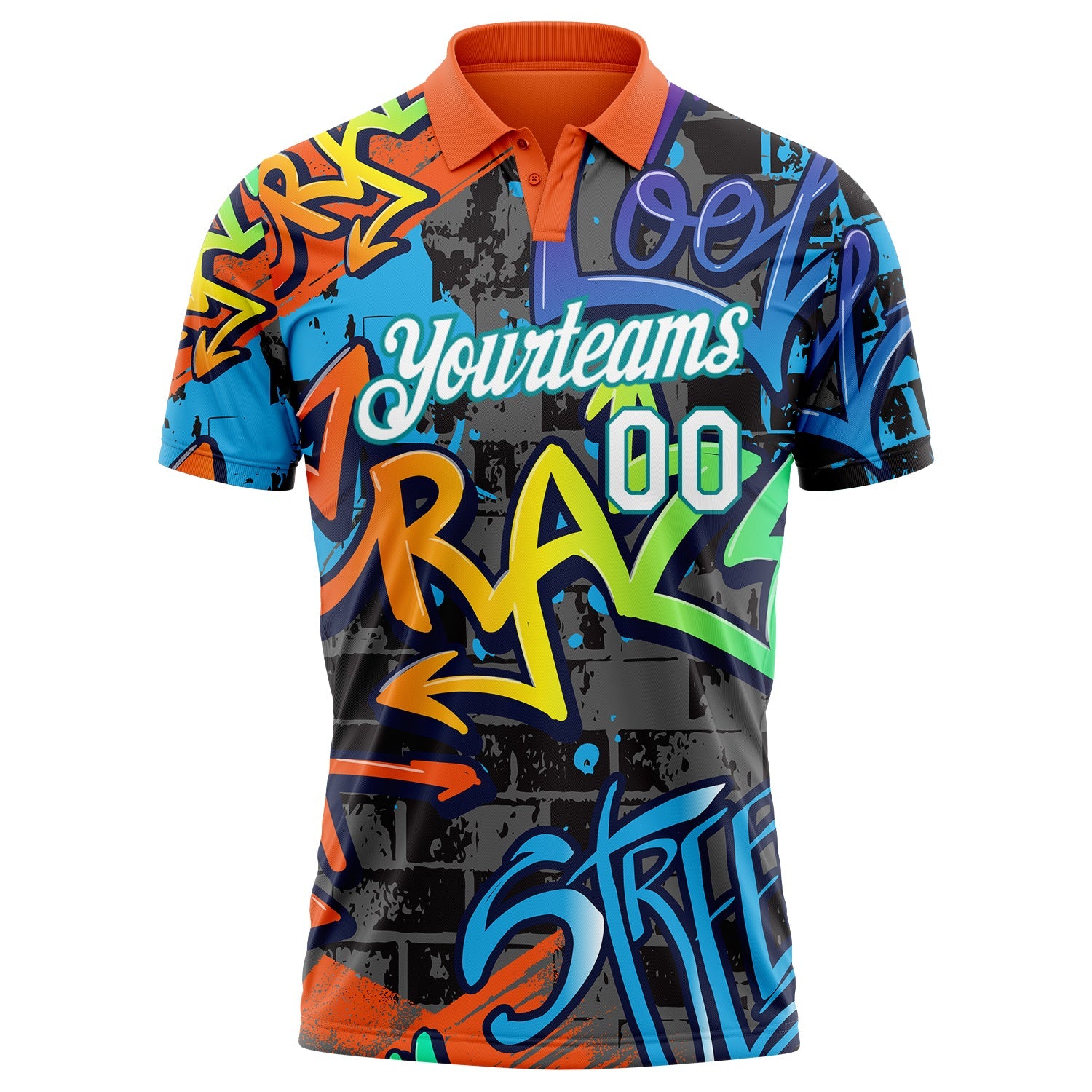 Custom Graffiti Pattern White-Teal 3D Grunge Design Performance Golf Polo Shirt view 2