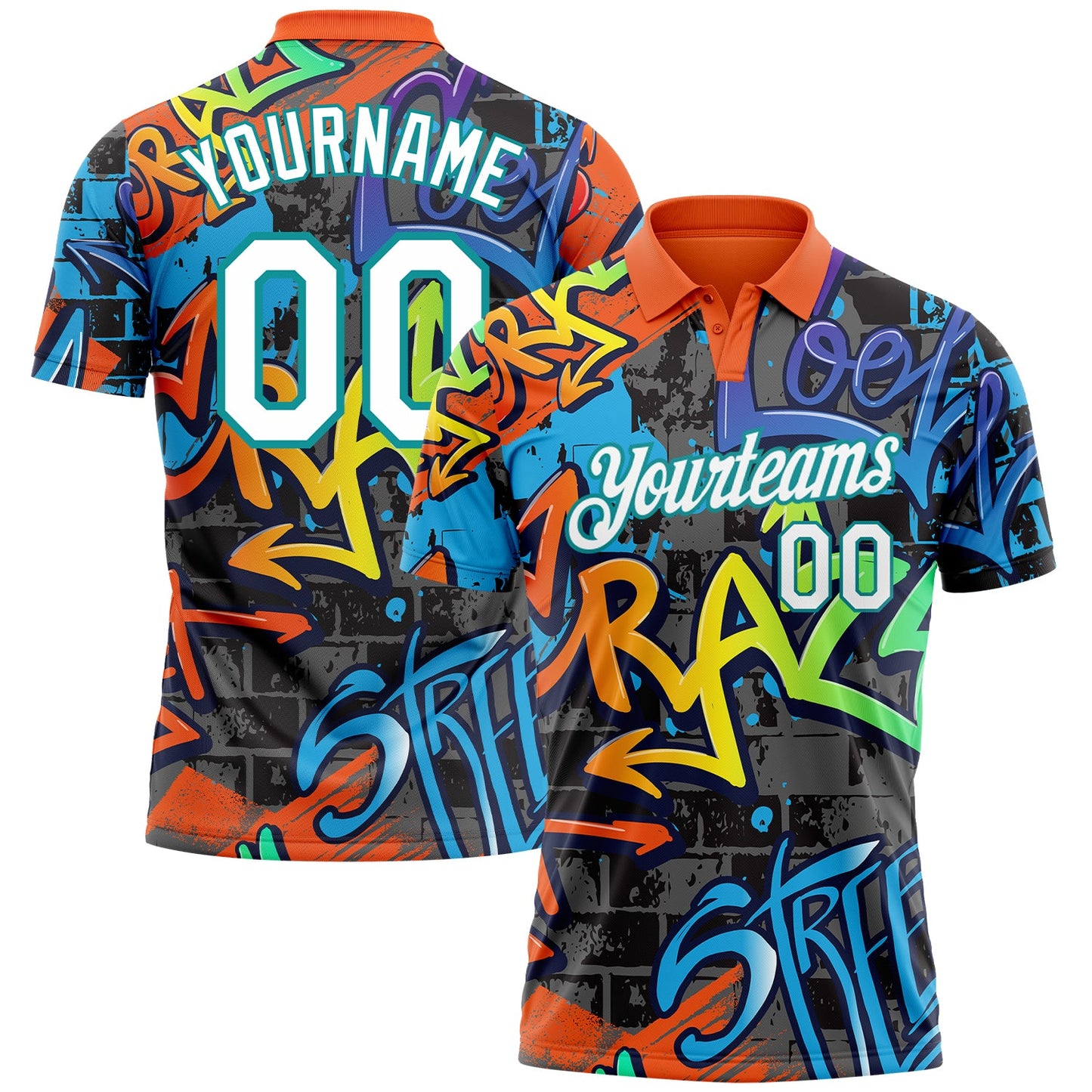 Custom Graffiti Pattern White-Teal 3D Grunge Design Performance Golf Polo Shirt - Main View