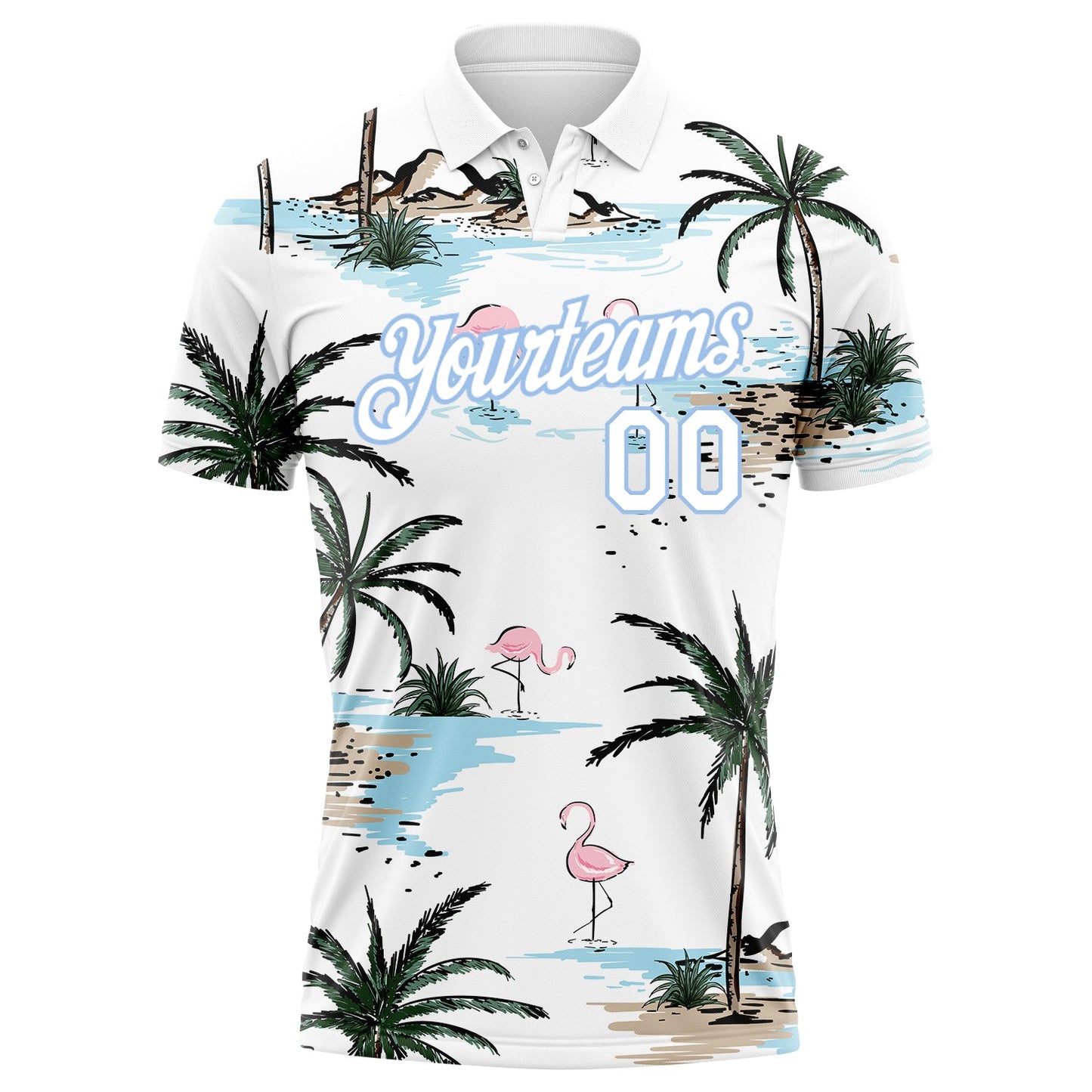 Custom White Light Blue 3D Pattern Design Hawaii Palm Trees Performance Golf Polo Shirt view 2