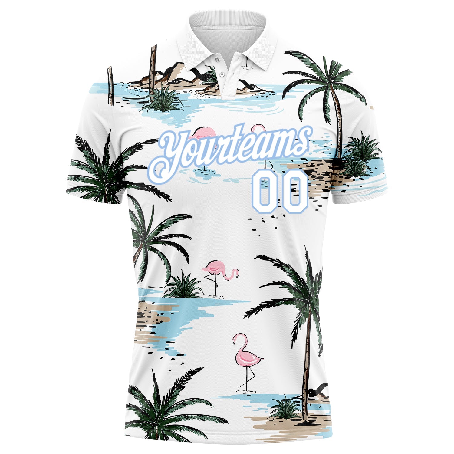 Custom White Light Blue 3D Pattern Design Hawaii Palm Trees Performance Golf Polo Shirt view 2