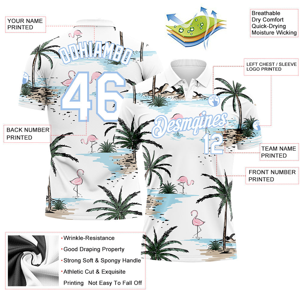 Custom White Light Blue 3D Pattern Design Hawaii Palm Trees Performance Golf Polo Shirt view 3