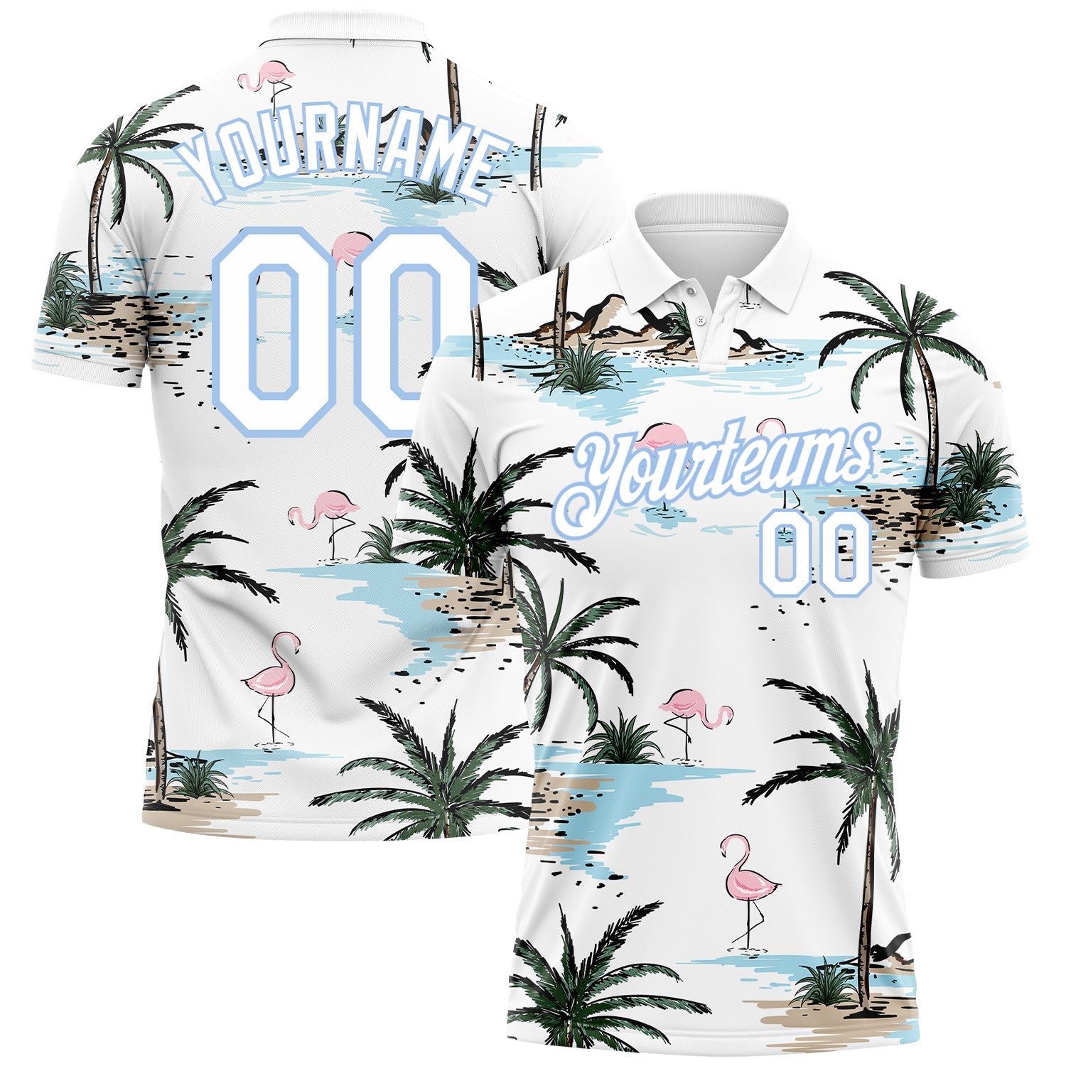 Custom White Light Blue 3D Pattern Design Hawaii Palm Trees Performance Golf Polo Shirt - Main View