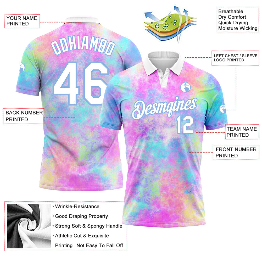 Custom Tie Dye White-Light Blue 3D Watercolor Performance Golf Polo Shirt view 3