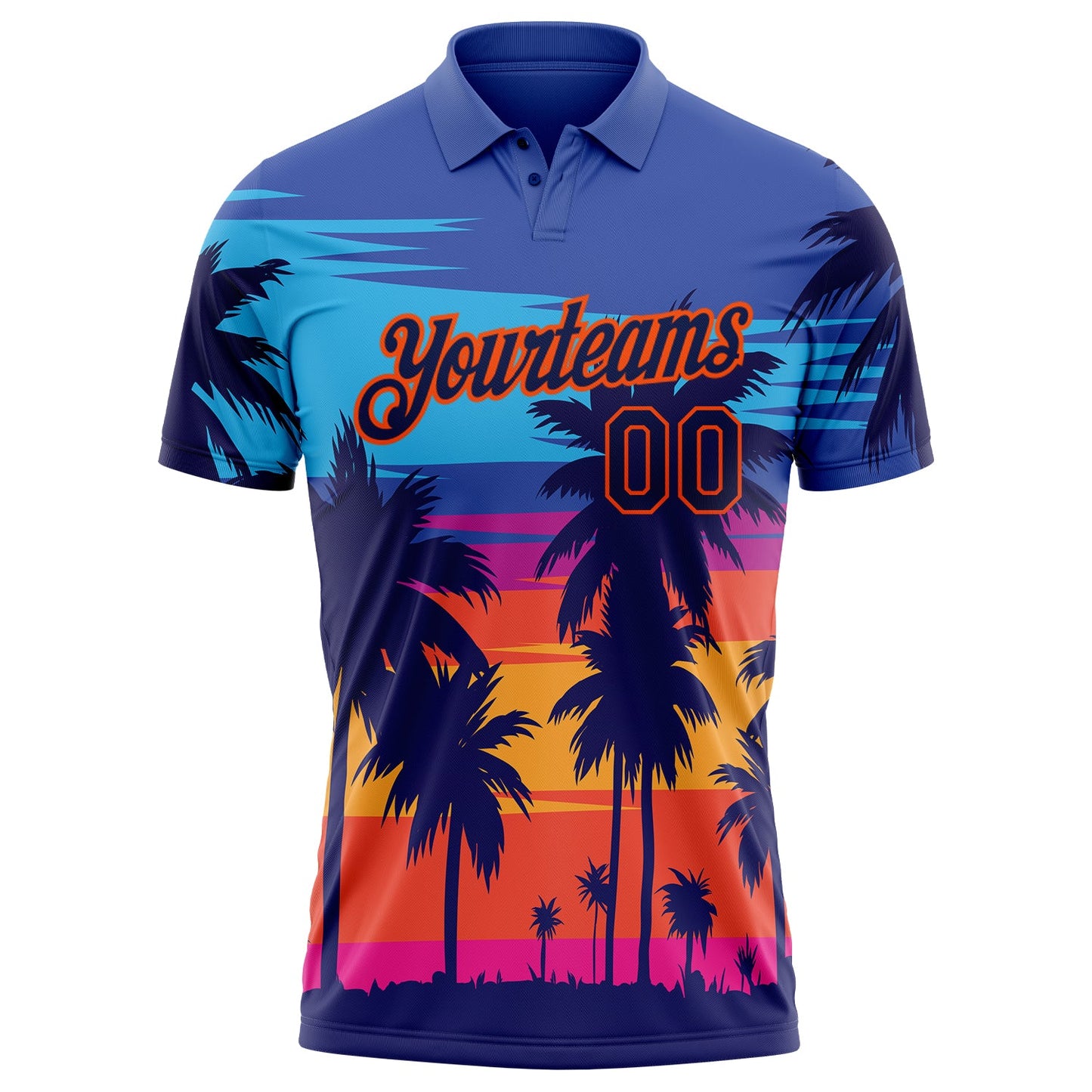 Custom Powder Blue Navy-Orange 3D Pattern Design Hawaii Palm Trees Performance Golf Polo Shirt view 2