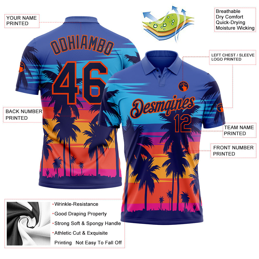 Custom Powder Blue Navy-Orange 3D Pattern Design Hawaii Palm Trees Performance Golf Polo Shirt view 3