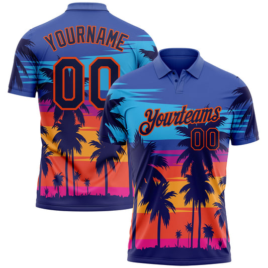 Custom Powder Blue Navy-Orange 3D Pattern Design Hawaii Palm Trees Performance Golf Polo Shirt - Main View