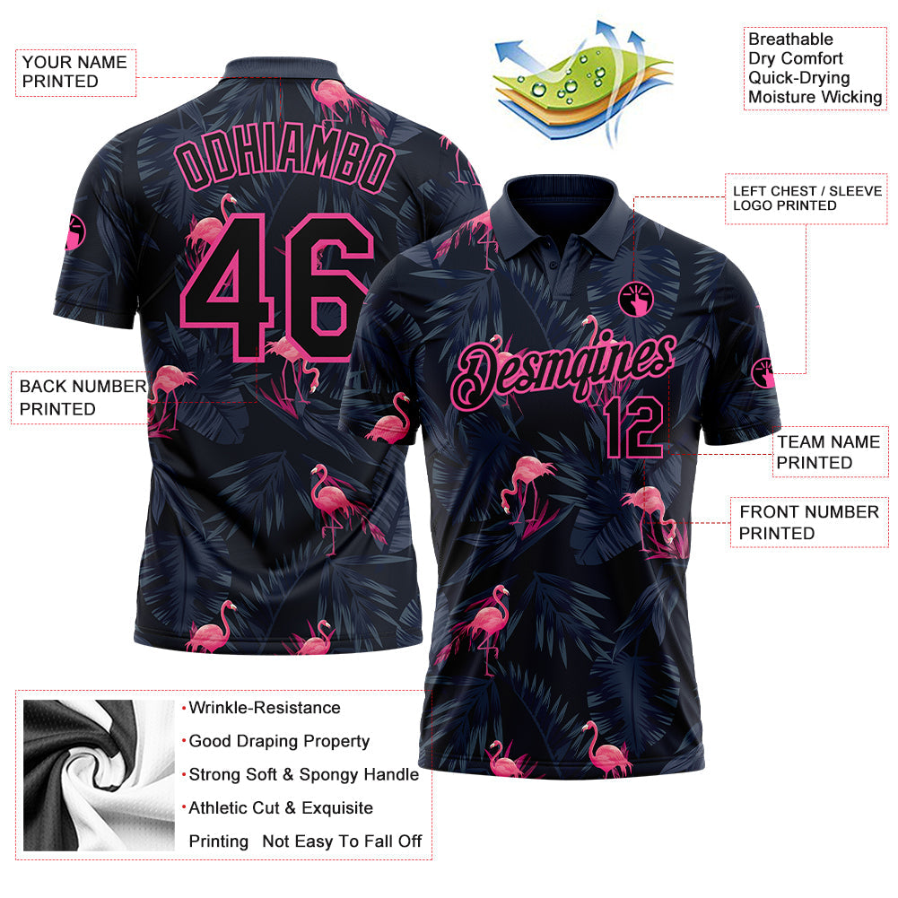 Custom Black Pink 3D Pattern Design Flamingo Performance Golf Polo Shirt view 3