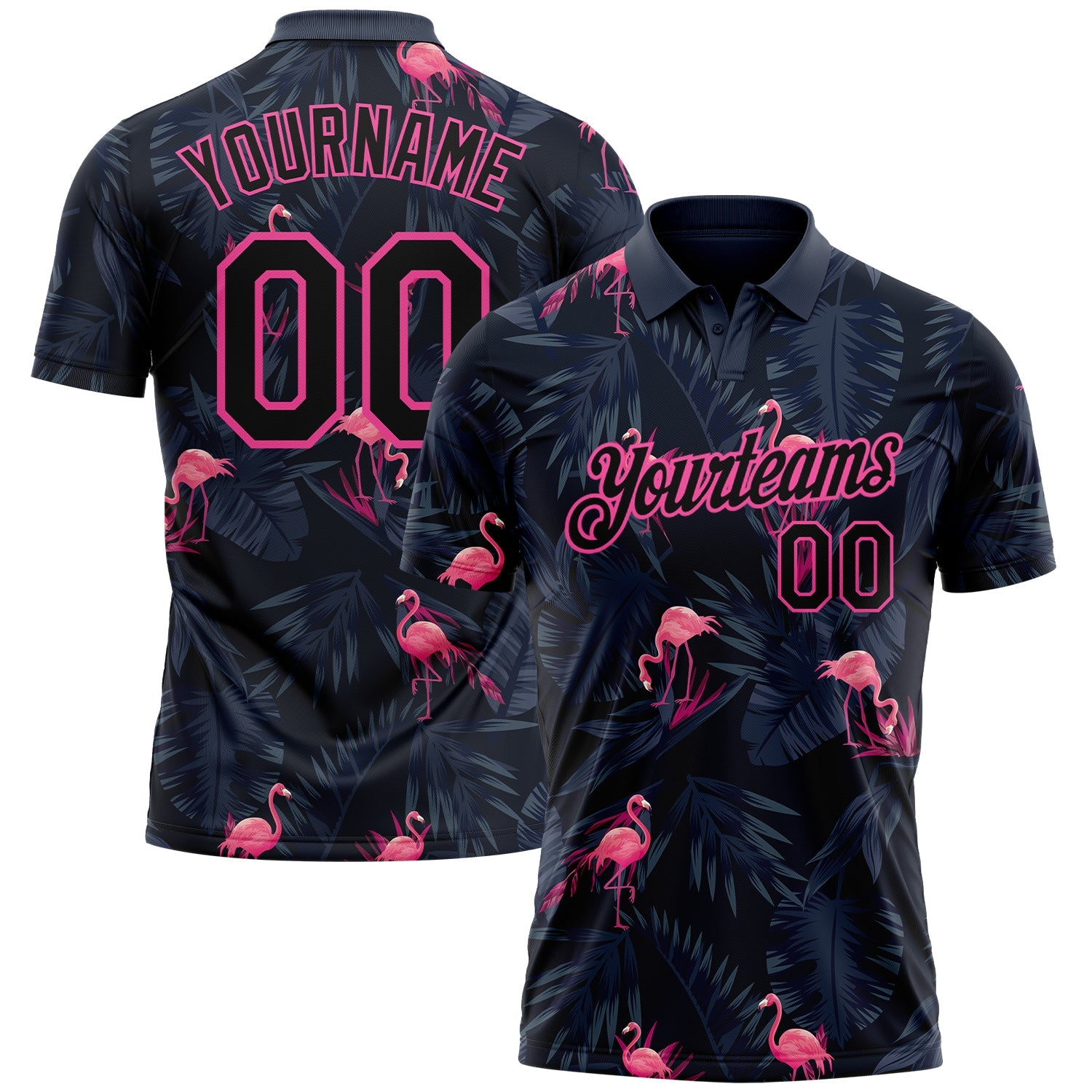 Custom Black Pink 3D Pattern Design Flamingo Performance Golf Polo Shirt - Main View