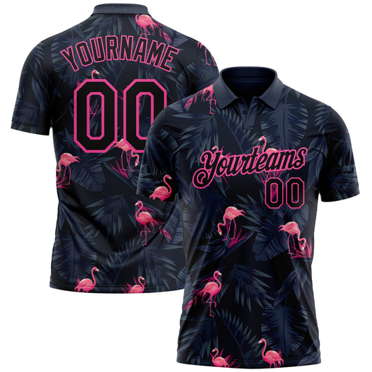 Custom Black Pink 3D Pattern Design Flamingo Performance Golf Polo Shirt - Main View