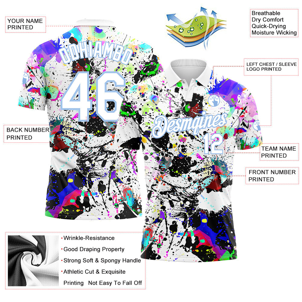 Custom Graffiti Pattern White-Light Blue 3D Splashes Performance Golf Polo Shirt view 3