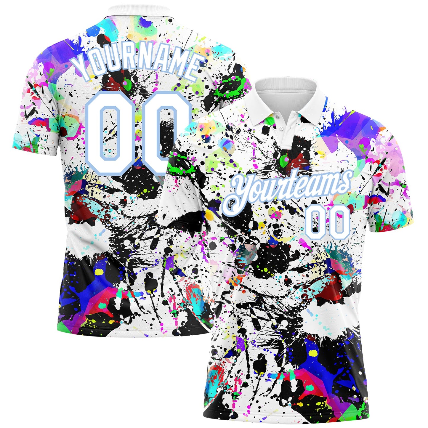 Custom Graffiti Pattern White-Light Blue 3D Splashes Performance Golf Polo Shirt - Main View
