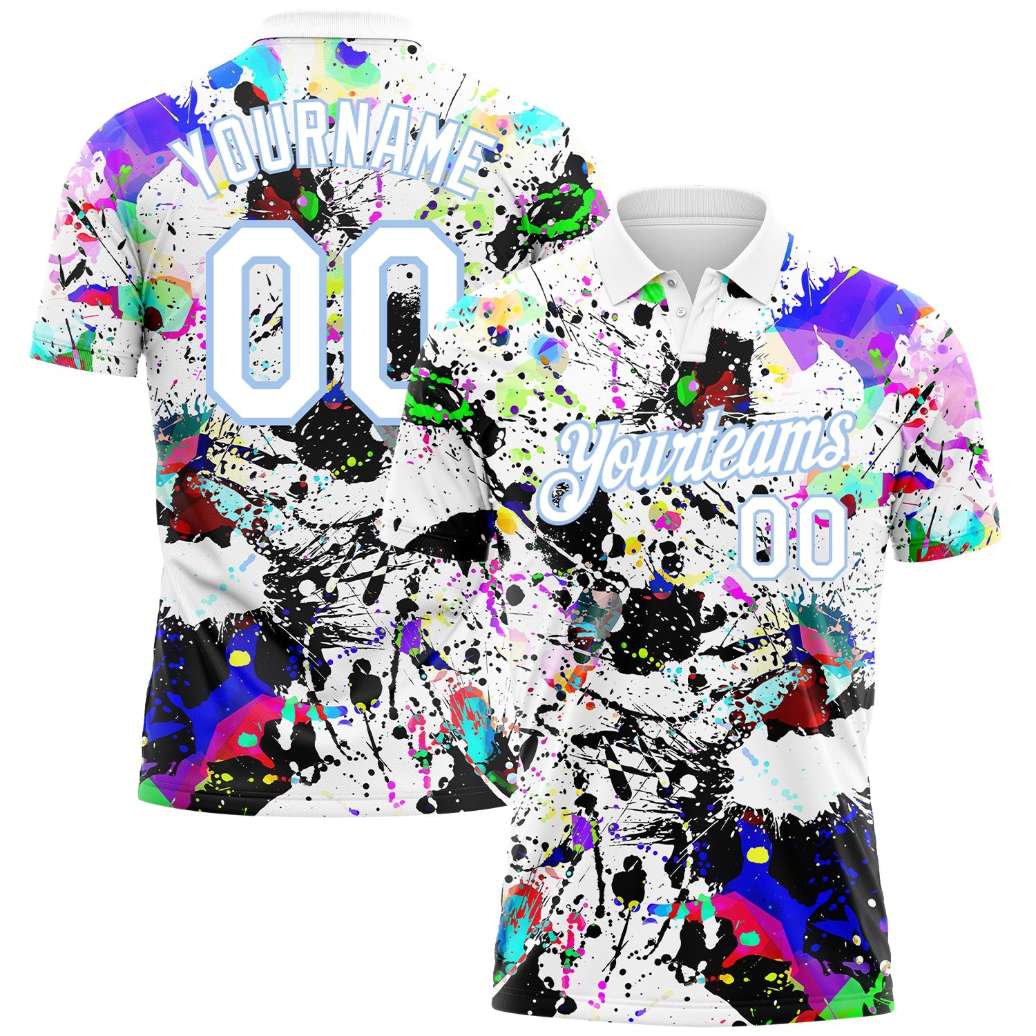 Custom Graffiti Pattern White-Light Blue 3D Splashes Performance Golf Polo Shirt - Main View