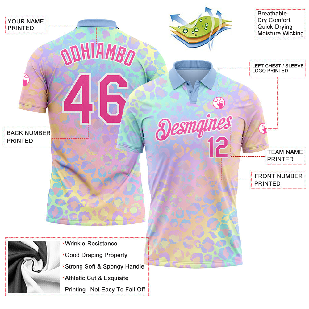 Custom Pink White 3D Pattern Design Leopard Print Performance Golf Polo Shirt view 3