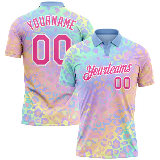 Custom Pink White 3D Pattern Design Leopard Print Performance Golf Polo Shirt - Main View