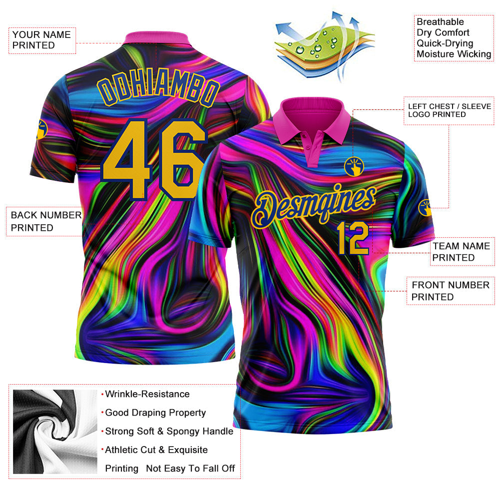 Custom Deep Pink Yellow-Royal 3D Pattern Design Abstract Colorful Psychedelic Fluid Art Performance Golf Polo Shirt view 3