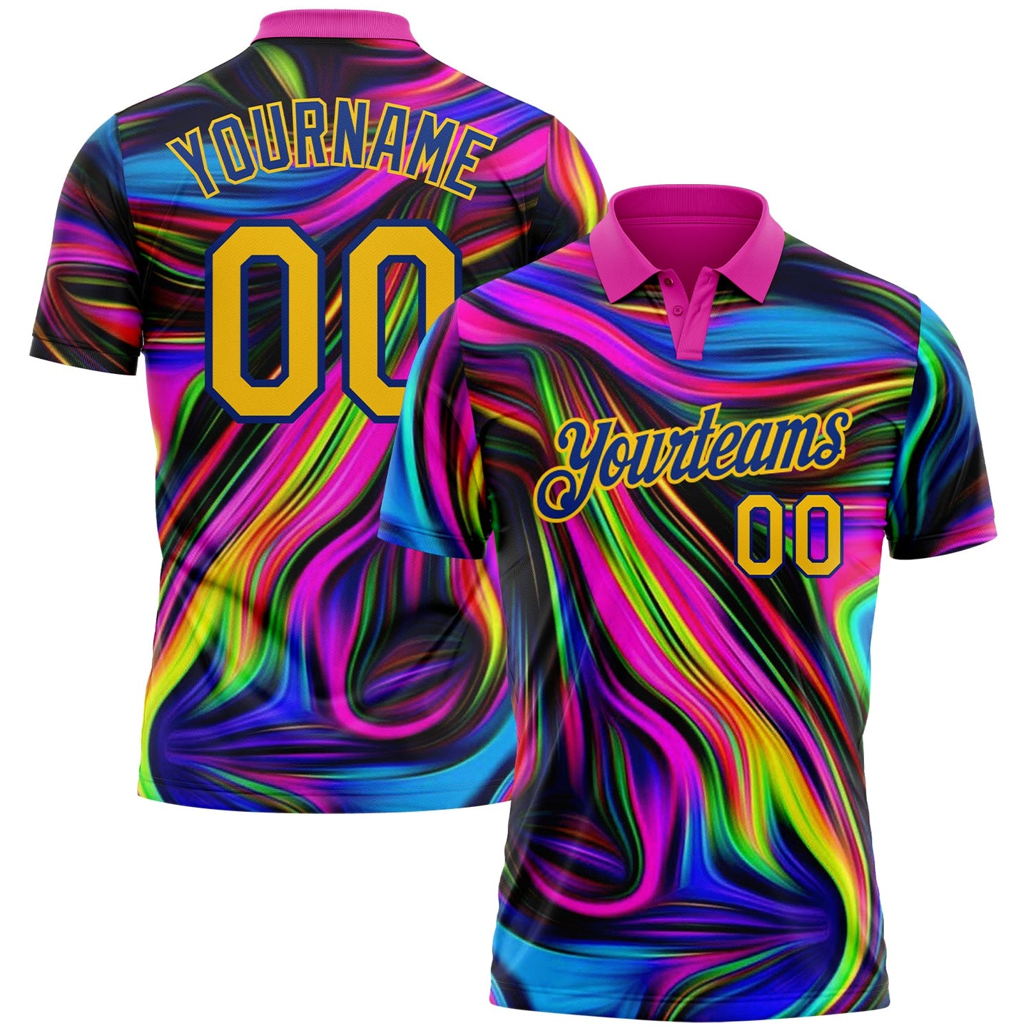 Custom Deep Pink Yellow-Royal 3D Pattern Design Abstract Colorful Psychedelic Fluid Art Performance Golf Polo Shirt - Main View