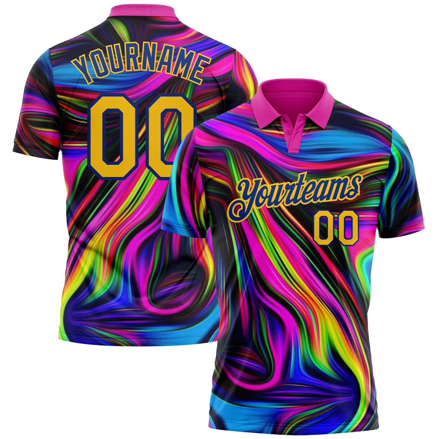 Custom Deep Pink Yellow-Royal 3D Pattern Design Abstract Colorful Psychedelic Fluid Art Performance Golf Polo Shirt - Main View