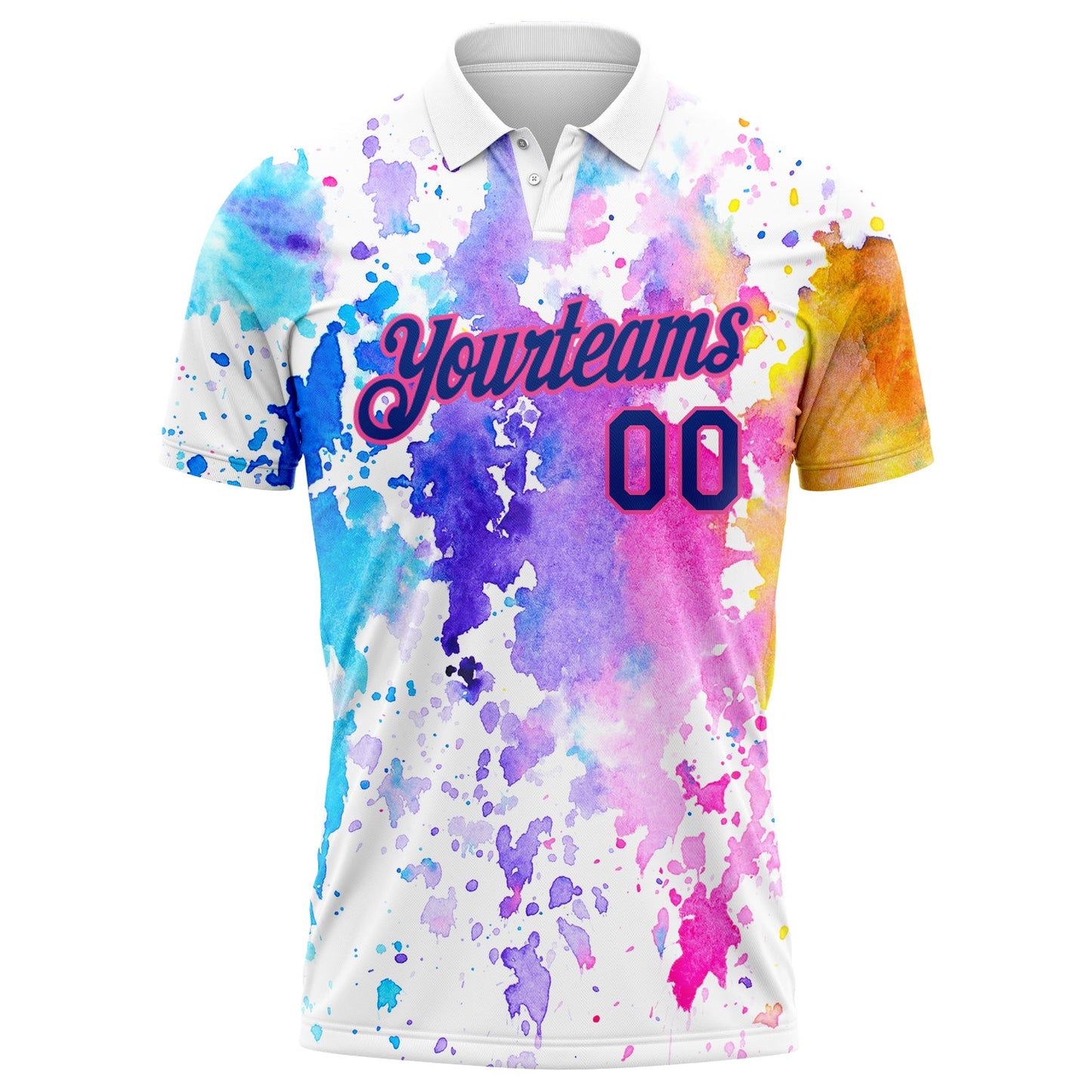 Custom White Royal-Pink 3D Pattern Design Watercolor Performance Golf Polo Shirt view 2