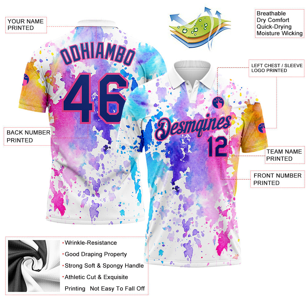Custom White Royal-Pink 3D Pattern Design Watercolor Performance Golf Polo Shirt view 3