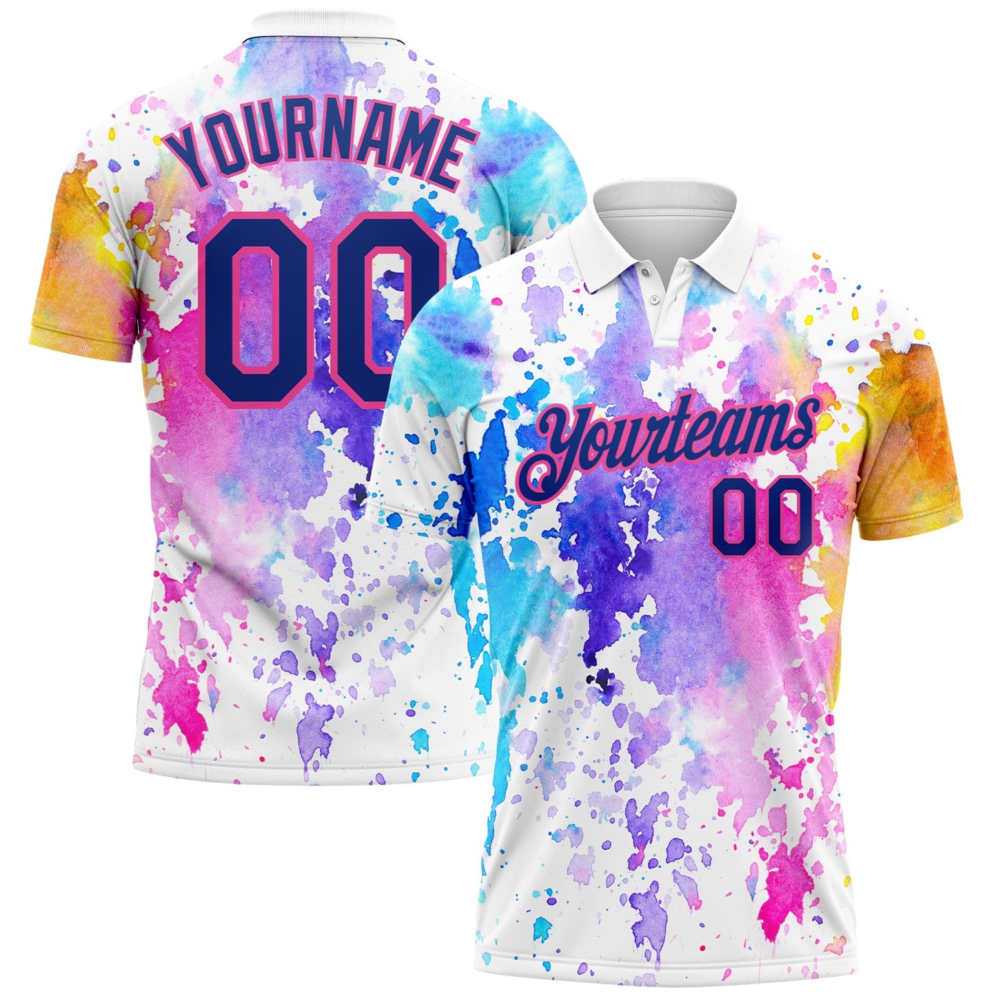 Custom White Royal-Pink 3D Pattern Design Watercolor Performance Golf Polo Shirt - Main View