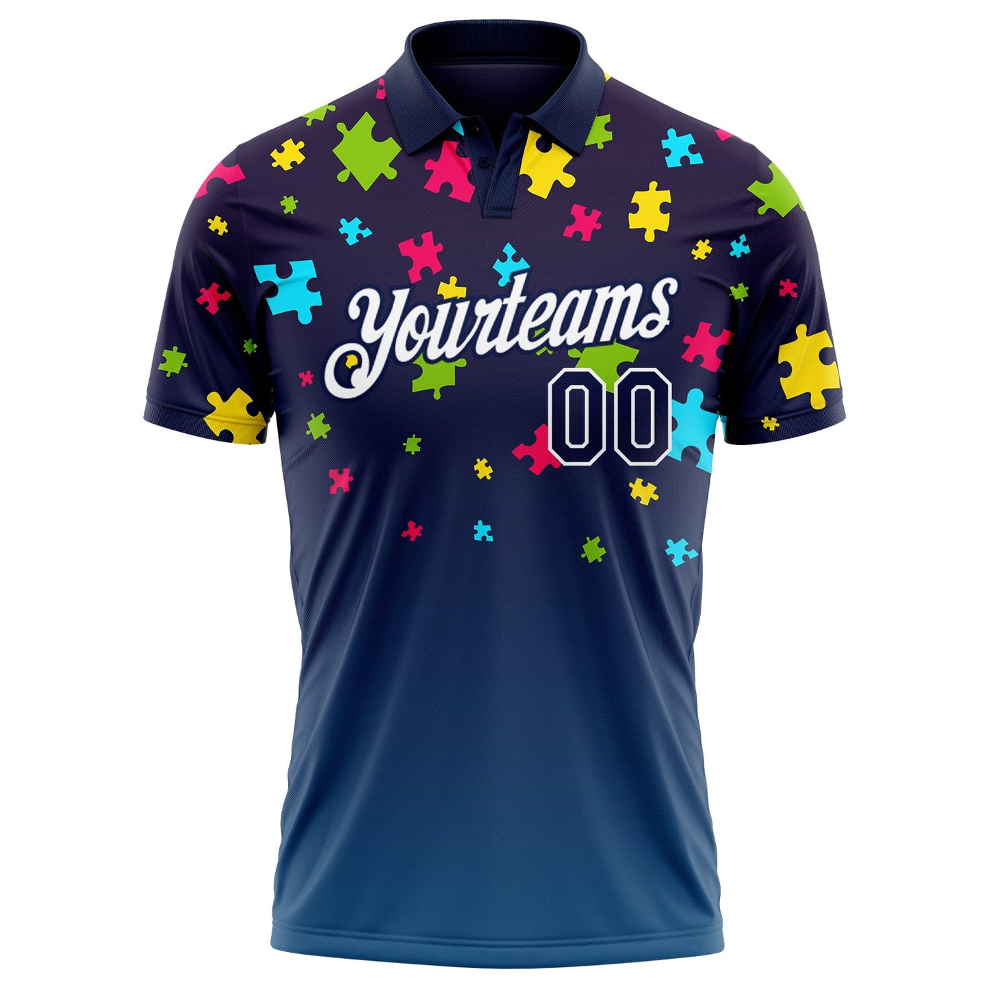Custom Navy White 3D Pattern Design Autism Supporter Awareness Puzzle Pieces Performance Golf Polo Shirt view 2