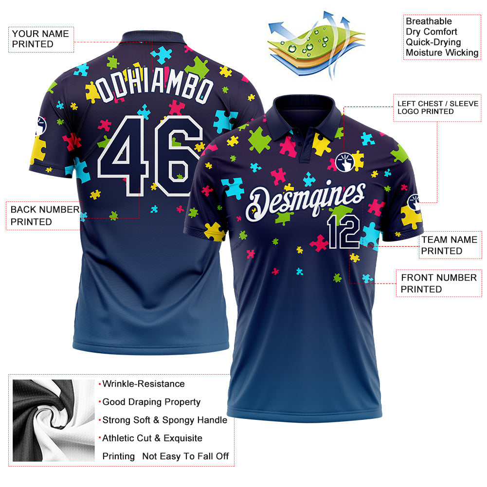 Custom Navy White 3D Pattern Design Autism Supporter Awareness Puzzle Pieces Performance Golf Polo Shirt view 3