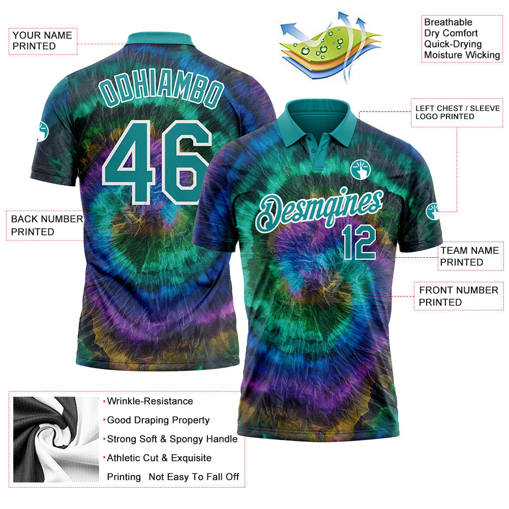 Custom Tie Dye Teal-White 3D Performance Golf Polo Shirt view 3