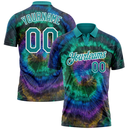 Custom Tie Dye Teal-White 3D Performance Golf Polo Shirt - Main View