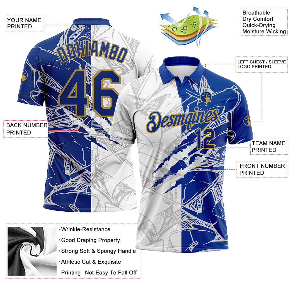 Custom Graffiti Pattern Royal-Old Gold 3D Scratch Performance Golf Polo Shirt view 3