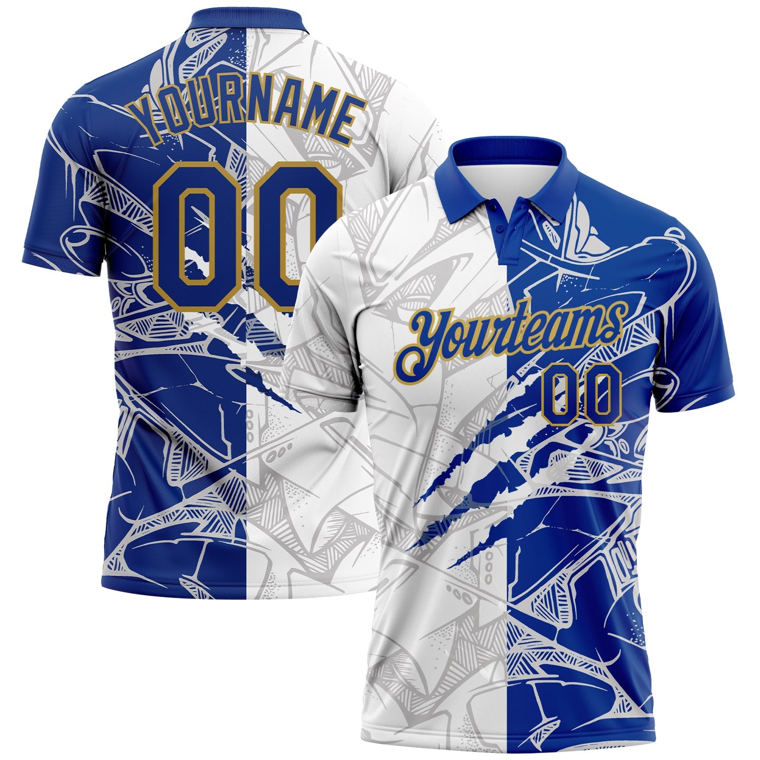 Custom Graffiti Pattern Royal-Old Gold 3D Scratch Performance Golf Polo Shirt - Main View