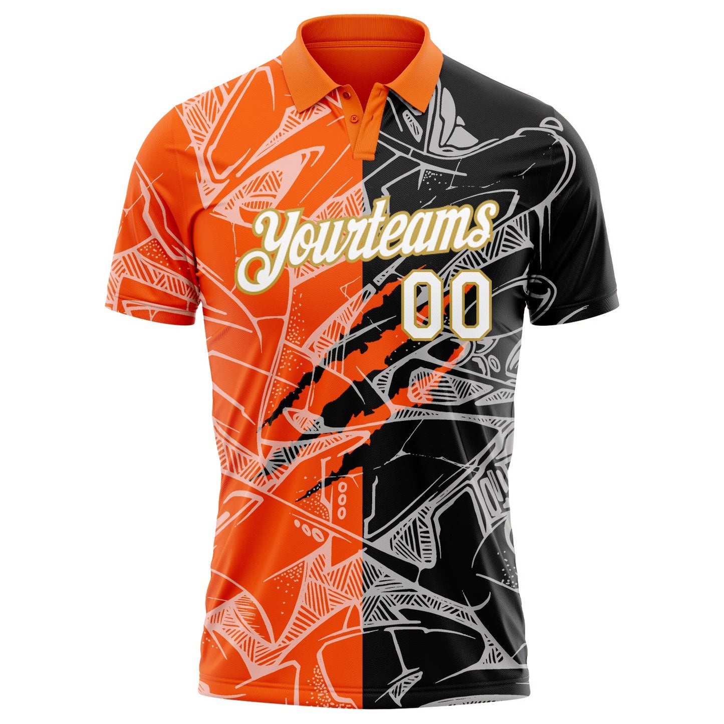 Custom Graffiti Pattern White Orange-Old Gold 3D Scratch Performance Golf Polo Shirt view 2