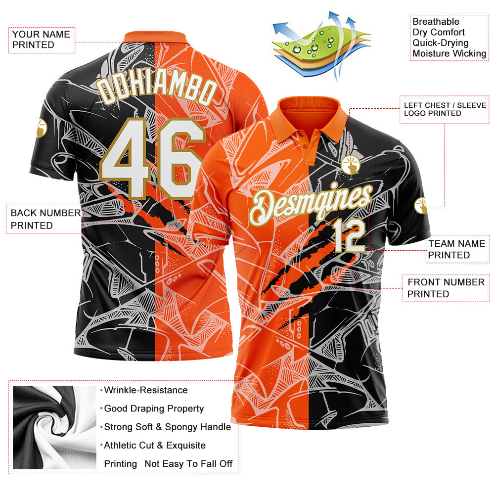 Custom Graffiti Pattern White Orange-Old Gold 3D Scratch Performance Golf Polo Shirt view 3