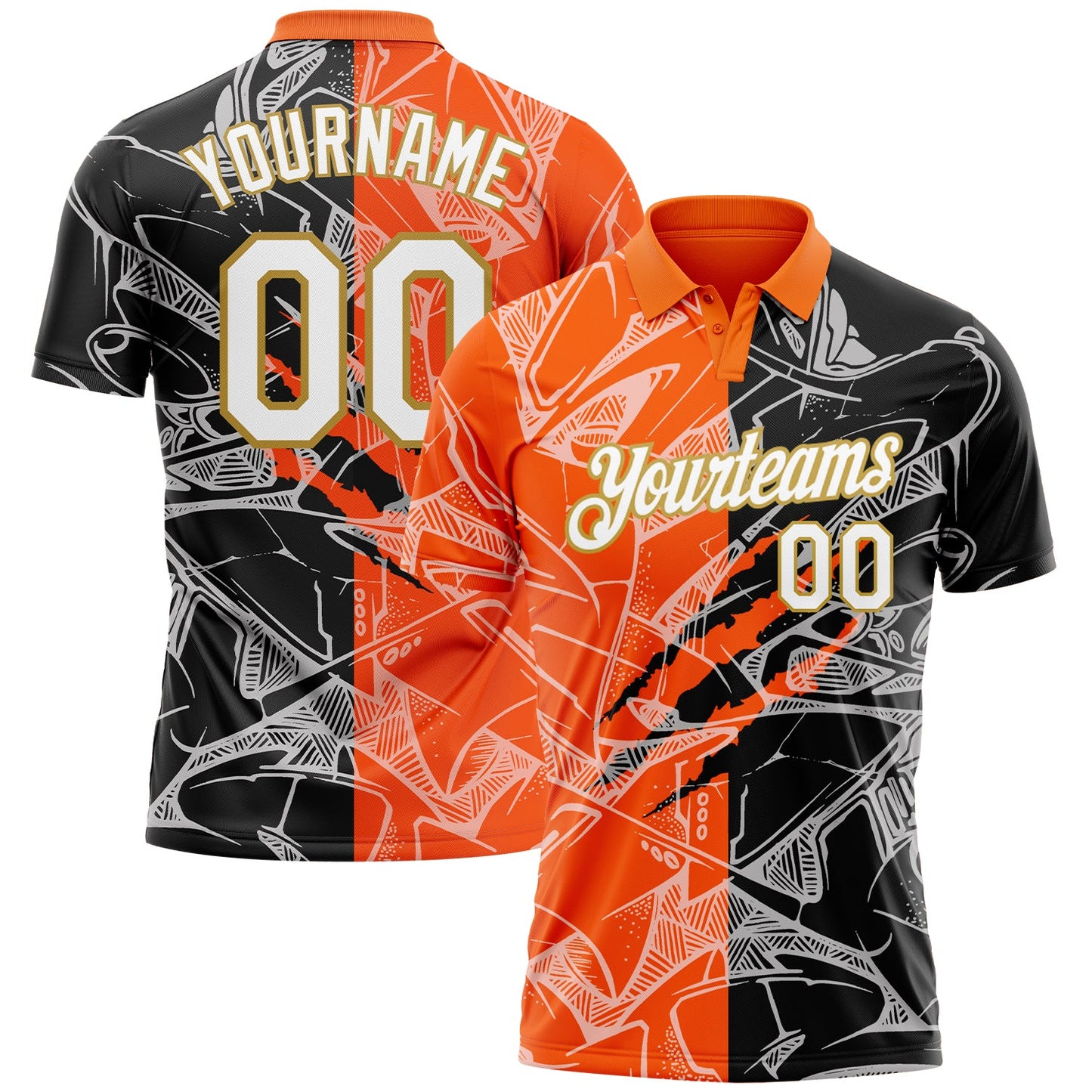 Custom Graffiti Pattern White Orange-Old Gold 3D Scratch Performance Golf Polo Shirt - Main View