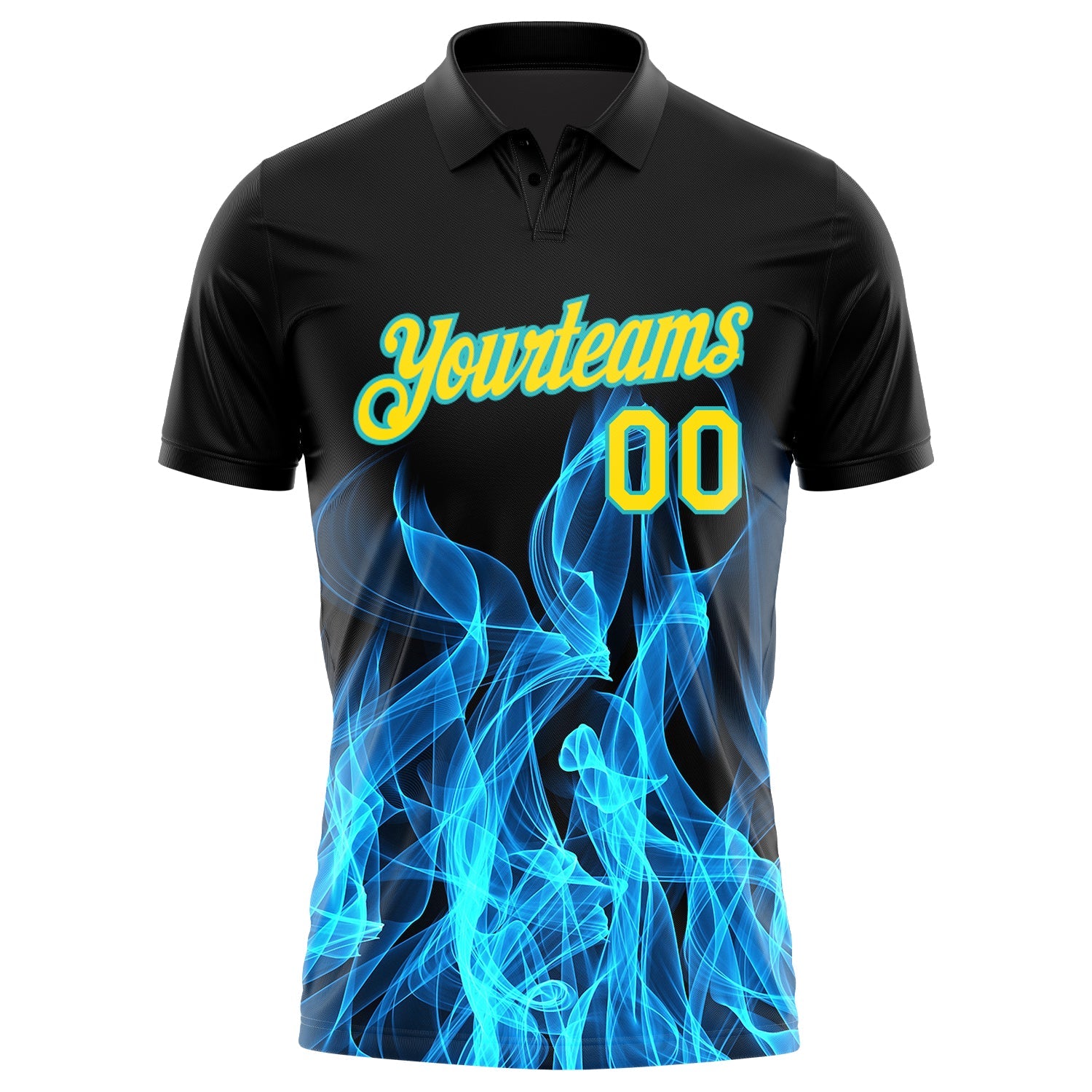 Custom Black Yellow-Teal 3D Pattern Design Flame Performance Golf Polo Shirt view 2