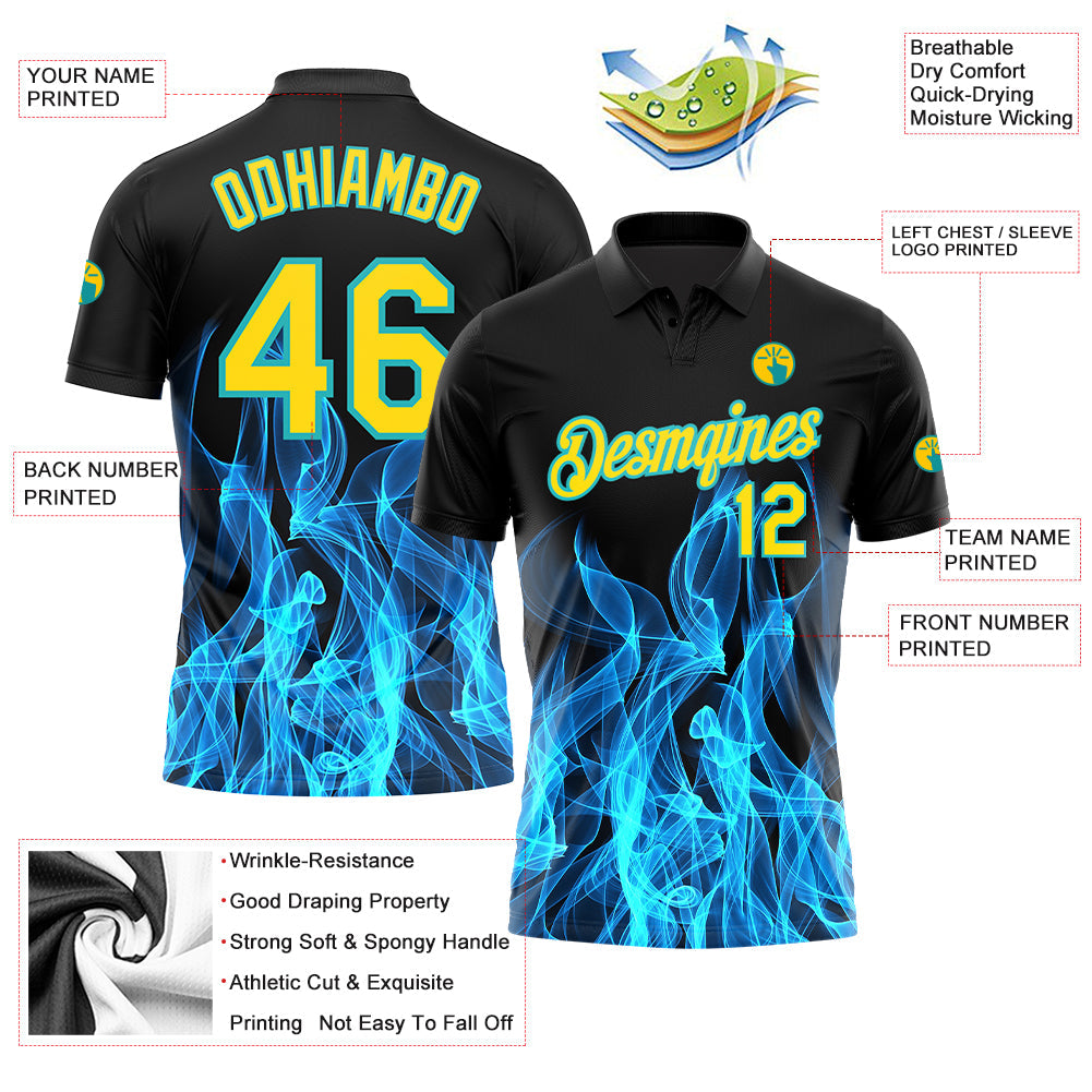 Custom Black Yellow-Teal 3D Pattern Design Flame Performance Golf Polo Shirt view 3