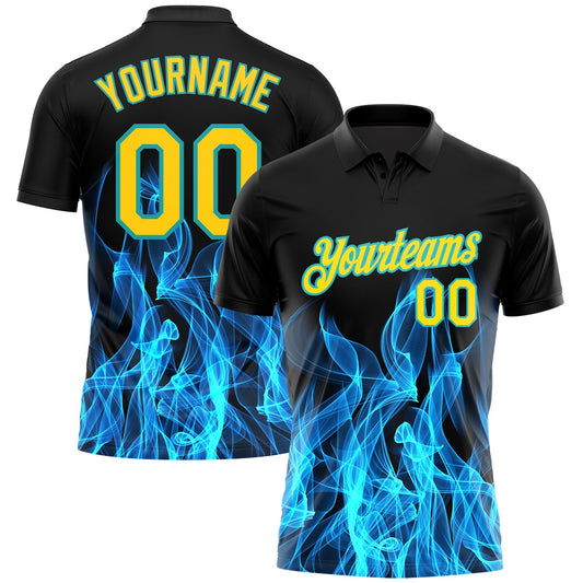 Custom Black Yellow-Teal 3D Pattern Design Flame Performance Golf Polo Shirt - Main View