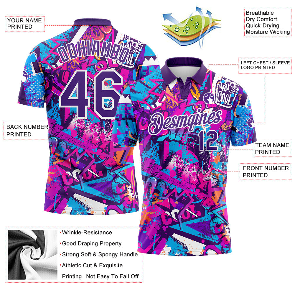 Custom Graffiti Pattern Purple-White 3D Performance Golf Polo Shirt view 3