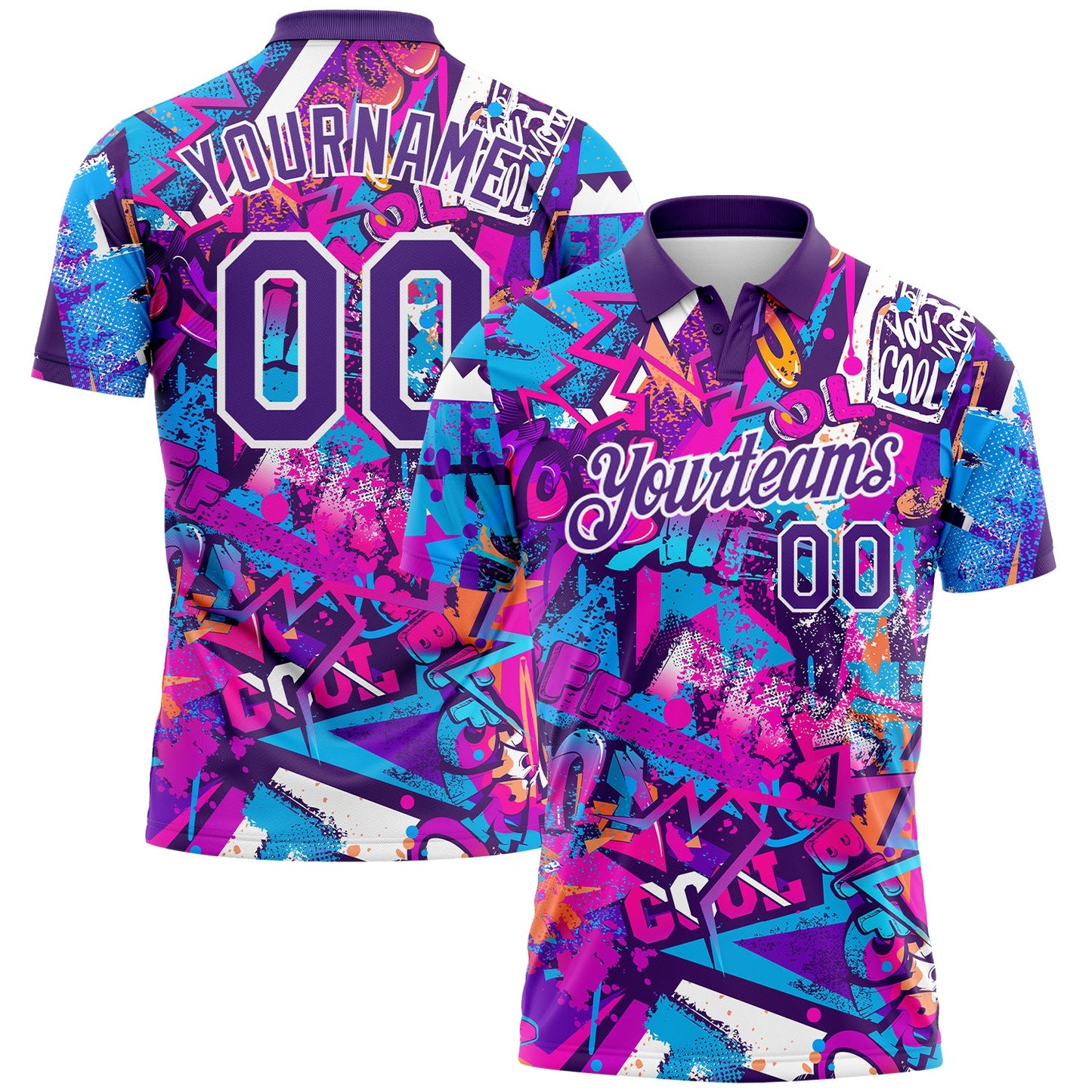 Custom Graffiti Pattern Purple-White 3D Performance Golf Polo Shirt - Main View