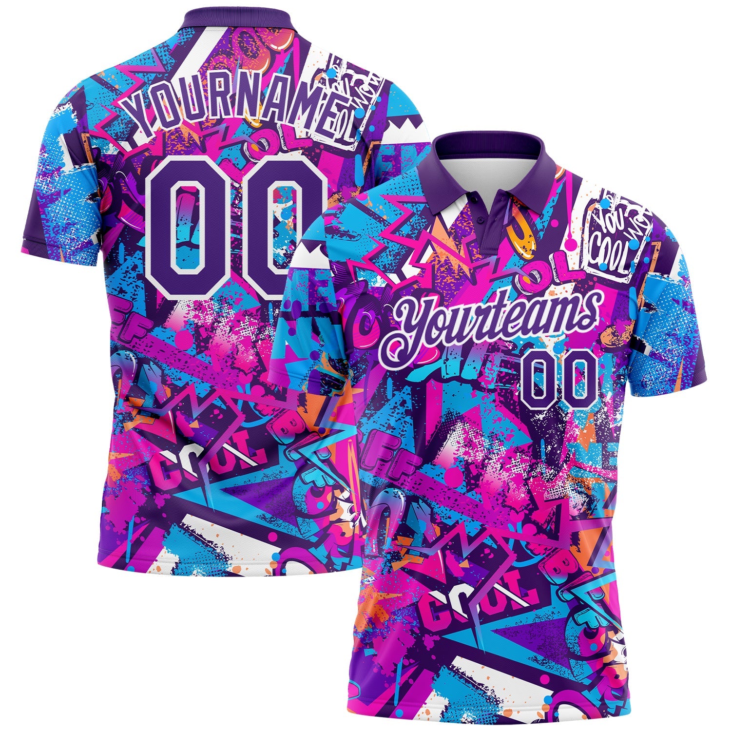 Custom Graffiti Pattern Purple-White 3D Performance Golf Polo Shirt - Main View
