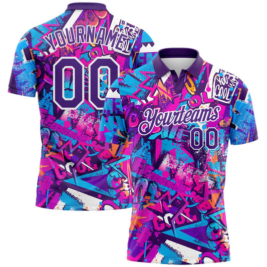 Custom Graffiti Pattern Purple-White 3D Performance Golf Polo Shirt - Main View